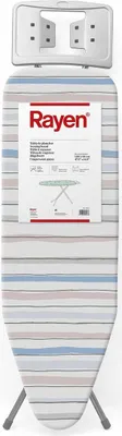 A folded ironing board with a striped cover and a product information label.