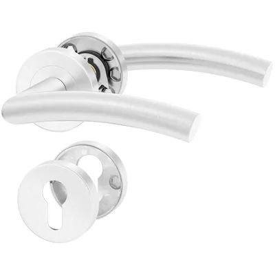 A set of stainless steel door handles with round rosettes, one with a keyhole, on a white background.