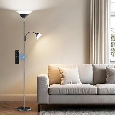 Productafbeelding van Vloerlamp voor woonkamer, 34W, 2100LM, LED vloerlamp met dimfunctie, afstandsbediening en touchbediening, 3000K-6500K, moderne vloerlamp met indirect licht, LED, dimbaar, met leeslamp voor woonkamer en kantoor, zwart