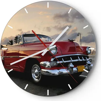 Produktbild von Wanduhr - Rund - Glasuhr - Auto Kuba Himmel - 40x40cm - Schleichendes Uhrwerk - Lautlos - zum Aufhängen bereit - Dekoration Modern - Wanddekoration aus Glas - C3AR40x40-0186