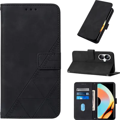 Produktbild von Hülle für Realme 10 Pro+ 5G Prägung Flip Leder Kartenfächer Schutzhülle mit Ständer Schwarz