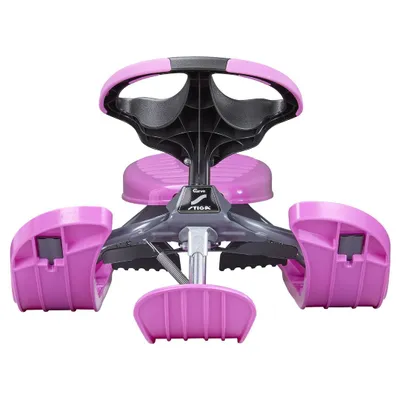 A pink and black children's ride-on toy with three wheels and a steering wheel.