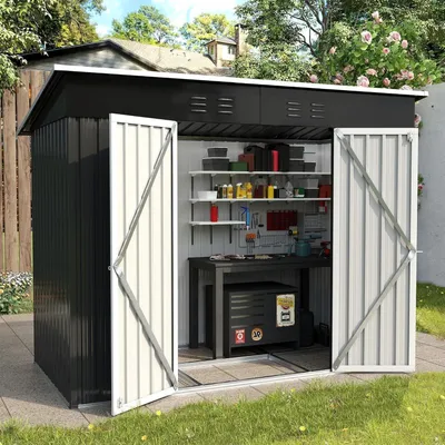 Obrázek produktu pro Kovová zahradní chata, objem 4 m³, rozměry 228 x 121 x 181 cm, tmavě šedá, pozinkovaná ocel, dveře s možností uzamčení