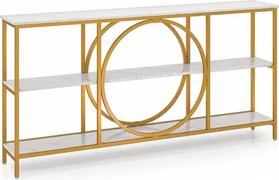 A three-tiered console table with a white marble-look top and shelves, supported by a gold metal frame. The table features a large decorative gold circle in the center.