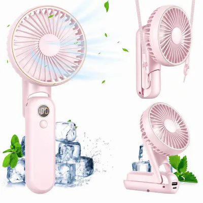 Produktbild von Handventilator,Tragbarer USB Handyhalter Lüfter,Mini Hand Ventilatoren mit 5 Windgeschwindigkeit,4000mAh Akku,180°-Faltbar&LED-Display,Leise,Rosa