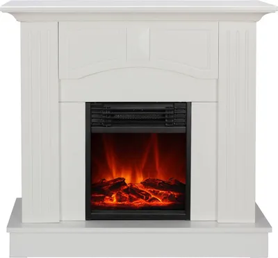 A white electric fireplace with a realistic flame effect.