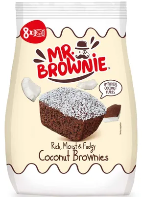 Produktbild von Mr. Brownie 8411037892315, Keks, Kokosnuss, Schokolade, Schokolade, Eier, Gluten, Soja, Quadratisch, Palmöl, Künstliche Farbe, Künstliches Aroma