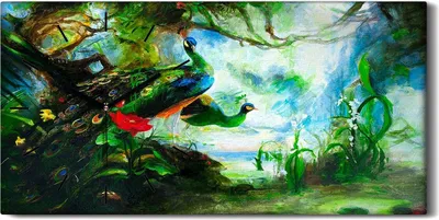 Produktbild von Dekor Leinwand Uhr Wandbilder 60x30 Malerei Wald Bäume Tier Pfau Kunst - schwarze Hände