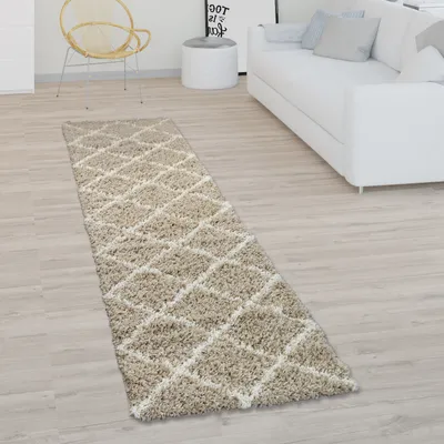 Immagine prodotto di Tappeto a pelo lungo per soggiorno Shaggy Motivo a rombi scandinavo Moderno In beige Dimensioni 80x300 cm
