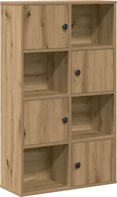 A tall, narrow bookshelf with eight compartments, some of which have doors.