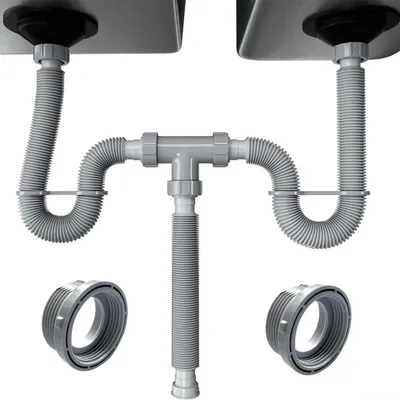 Doppelter Spülenabflussset, flexibel, 20–80 cm, mit P-Falle, grau