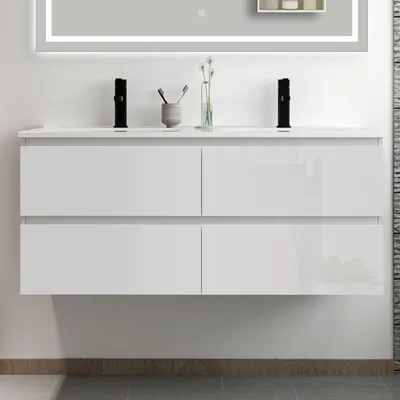 Image de Acezanble Meubles de salle de bains sous vasque, avec vasque en céramique, à poser, suspendu, Blanc haute brillance, 4 tiroirs
