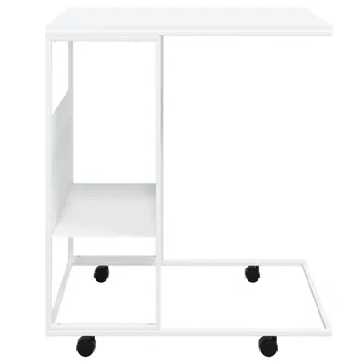 A white side table with wheels and a shelf.