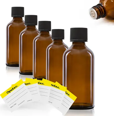 Produktbild von Oputec 5 x 50ml Tropfflaschen aus Glas + 5 Beschriftungs-Etiketten - Braune Apothekerflaschen mit Tröpfler