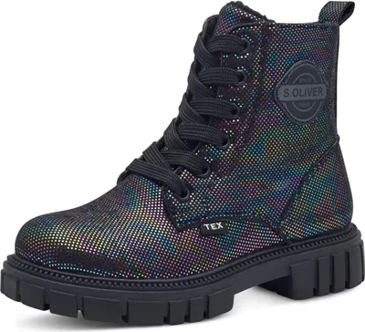 A single black boot with a holographic, iridescent finish.
