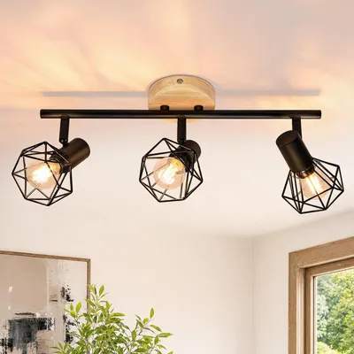Produktbild von ZMH Deckenstrahler 3 Flammig Deckenleuchte Schwarz Holz Flurlampe Küchelampe Decke Industrial Deckenspots E14 Schwenkbar 350° Spotlight Schlafzimmer