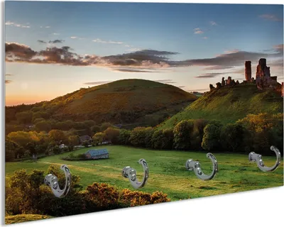 Produktbild von Wallario Schlüsselbrett aus Glas, Motiv: Schlosspanorama in England bei Sonnenaufgang, 30 x 20 cm mit 4 Haken