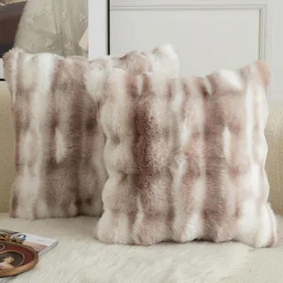 Produktbild von Set mit 2 n, dicken Dekokissenbezügen aus Wolle, superweiche, gewellte Plüschkissenbezüge aus Wolle, Sofakissen, Schlafzimmerkissenbezüge, 65 x 65 cm, weiß-taupe