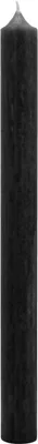 A black pillar candle is shown upright against a light gray background.