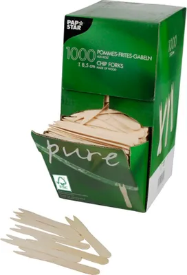 Produktbild von PAPSTAR Pommes-Frites-Gabeln aus  Holz "pure" 8,5 cm | Spenderkarton (1000 Stück)