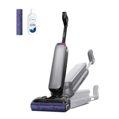 A Tineco Floor One S7 Artist wet dry vacuum cleaner is shown with a cleaning solution bottle and an extra roller brush.