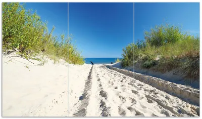 Produktbild von Wallario Herdabdeckplatte aus Glas, Größe 90 x 52 cm 3-teilig, Motiv Auf dem Sandweg zum Strand - Blauer Himmel über dem Meer