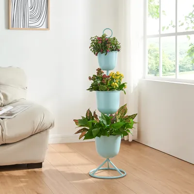 Produktbild von Blumenständer 'Alphen' 3 Töpfe 110x28cm Metall Hellblau