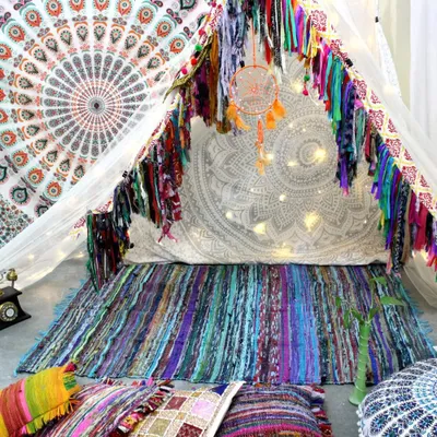 Chindi-Teppich, recycelte Stoffe, Boho-Stil, 150x90 cm, türkis