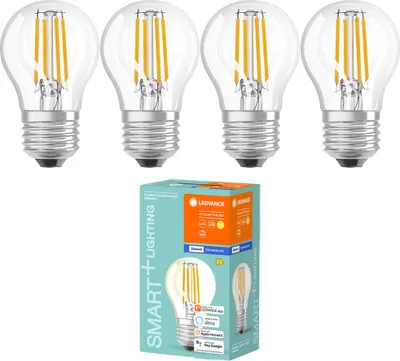 Four LED filament light bulbs are arranged in the top half of the image, with a product box for the same bulbs in the bottom half.