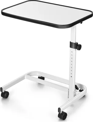 A white adjustable height rolling table with a black-edged white top, shown on a white background.