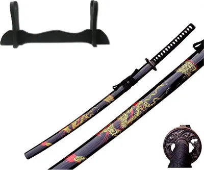 Image de Épée japonaise Katana décorative avec support – Épée de samouraï décorative, réplique artisanale en acier, décoration murale ou de table, idée cadeau 4KM91-409BKA