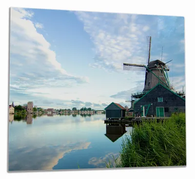 Produktbild von Wallario Herdabdeckplatte aus Glas, Größe 60 x 52 cm 1-teilig, Motiv Alte Windmühle an einem Fluss