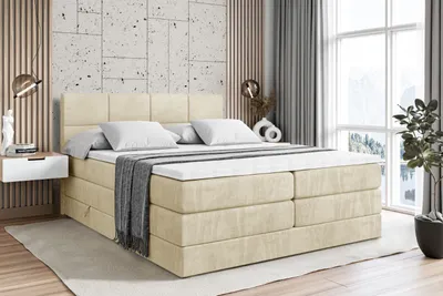 Produktbild von ALTDECOR Boxspringbett mit 2 Matratzen und Topper - 180x200 cm - ARDENI KING - Beige Samt - Polsterbett mit, H3- und H4- Matratzen, Bettkasten und Lattenrost, Bett mit Stauraum