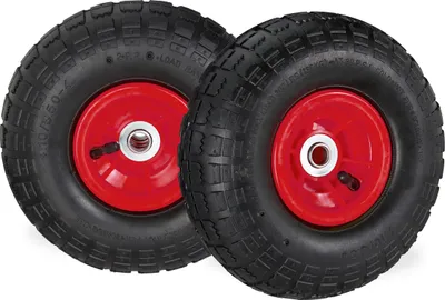 Produktbild von Relaxdays 2x Sackkarrenrad 4.1/3.5-4, luftbereifte Ersatzräder für Bollerwagen, 16mm Achse, 136kg, 260x85mm, schwarz-rot