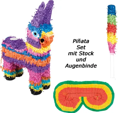 Produktbild von Set Esel Piñata Kindergeburtstag Pinata - bunte Esel Pinjata + Stab + Augenmaske