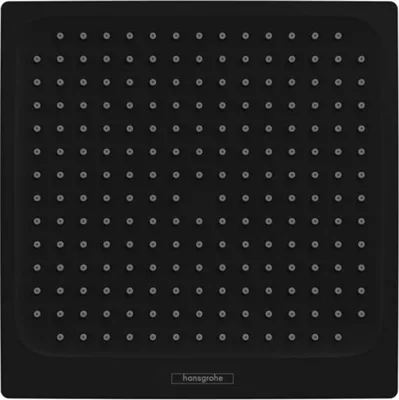 A black square shower head with many small nozzles.
