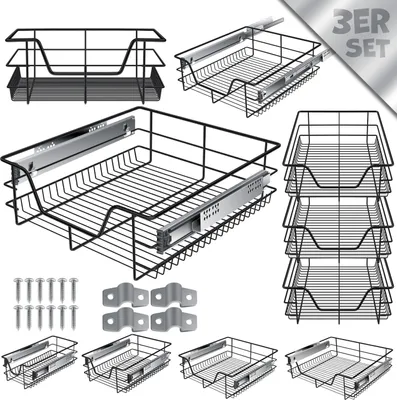 Produktbild von KESSER® Teleskopschublade  Küchenschublade  Küchenschrank  Korbauszug  Schrankauszug  Vollauszug  Schublade, Schwarz, 3x 50cm