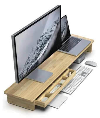 Obrázok produktu pre Držiak na monitor z bambusu, výška 107 cm, s zásuvkou, určený pre 2 monitory