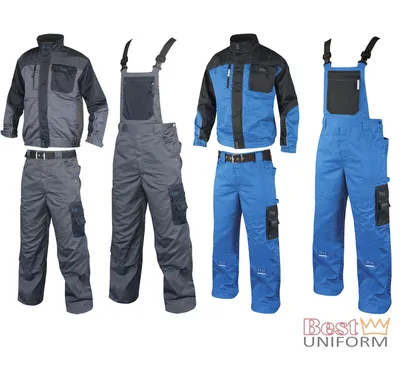 Four sets of workwear outfits displayed against a white background.