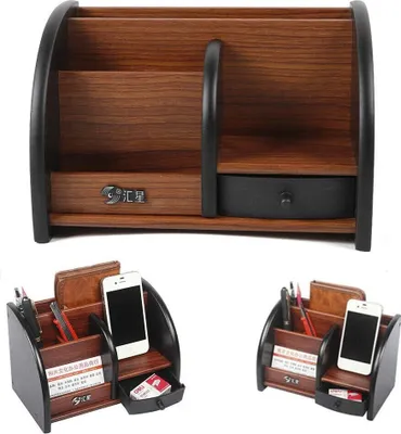 A collage of images showing a wooden desk organizer with compartments and a drawer, and two smaller views of the organizer filled with office supplies and a smartphone.