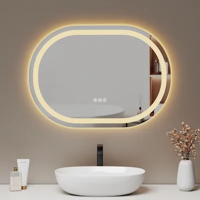 Produktbild von EMKE LED Badspiegel 70x50cm Badspiegel beschlagfrei Beleuchtung 3 Lichtfarbe Badezimmerspiegel rund Wandspiegel Touchschalter einstellbar Licht