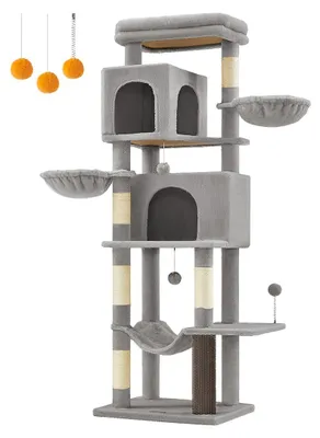 Produktbild von Grauer Katzenkratzbaum mit Spielhaus – Sisalseil – Spanplatte – 57 x 45 x 175 cm