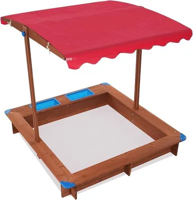 Produktbild von Sandkasten mit Dach 121 x 126 cm Sandkasten Holz Schwenkbares & Höhenverstellbares Dach Schutz Sandboxen Sandkasten mit Matschküche Sandkiste Inklusive Bodenvlies Gegen Unkraut und Ungeziefer Rot