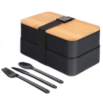 Productafbeelding van Japanse bento-box – lunchbox met compartimenten – set van 3 bestekdelen – lunchbox met bamboe deksel, geschikt voor school en werk, voor kinderen en volwassenen