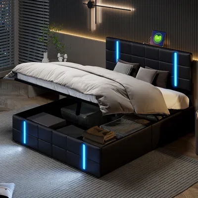 Produktbild von UnboxG Polsterbett 140x200cm mit Ladefunktion (USB&Typ-c), Jugendbett Doppelbett Stauraumbett mit LED, Hydraulisches Boxspringbett, PolyurethanSchwarz