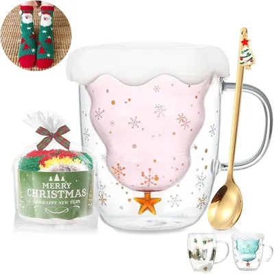 Productafbeelding van Dubbelwandige glazen beker met kerstboommotief, 230-280 ml, roze
