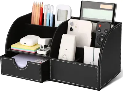 Produktbild von Schreibtisch-Organizer 6 Fächer, schwarz, Kunstleder und MDF, für Büro