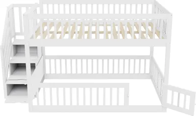 Produktbild von Flieks Etagenbett 140x200cm mit Schubladen und Treppe, Kinderbett Hochbett mit Tür und Rausfallschutz, Stockbett Doppelbett mit Lattenrost, Weiß