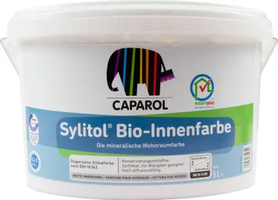 A white plastic bucket of paint with a colorful elephant logo and product information.