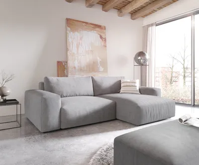 Produktbild von DELIFE Ecksofa Lanzo XL 270x180 cm Mikrofaser Grau Recamiere variabel mit Hocker